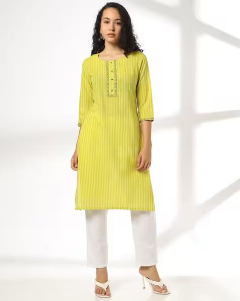 AVAASA MIX N' MATCH Women Striped Round-Neck Straight Kurta AJIO sale