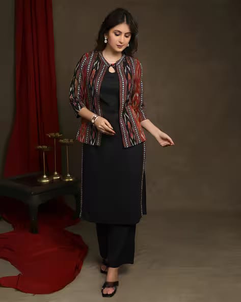 ASHRIFAB Women Straight Kurta Set with Jacket AJIO sale