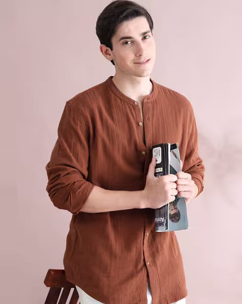 StitchX Men Regular Fit Shirt with Mandarin Collar AJIO sale