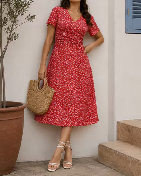 Shein Flutter Sleeve Smocked Floral Print Fit & Flare Dress AJIO sale
