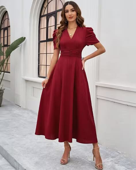 Outzidr Global Women Striped V-Neck Fit & Flare Dress AJIO sale
