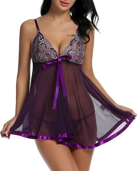 CUMSIN Lace Babydoll & Panties Set with Scalloped Detail AJIO sale
