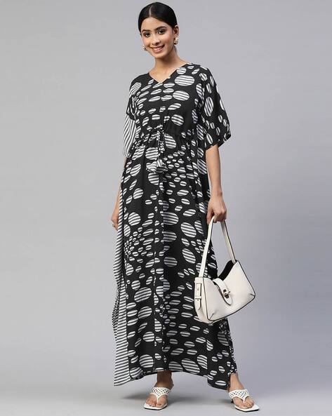 COTTINFAB Geometric Print A-Line Kaftan Dress with Tie-Up AJIO sale