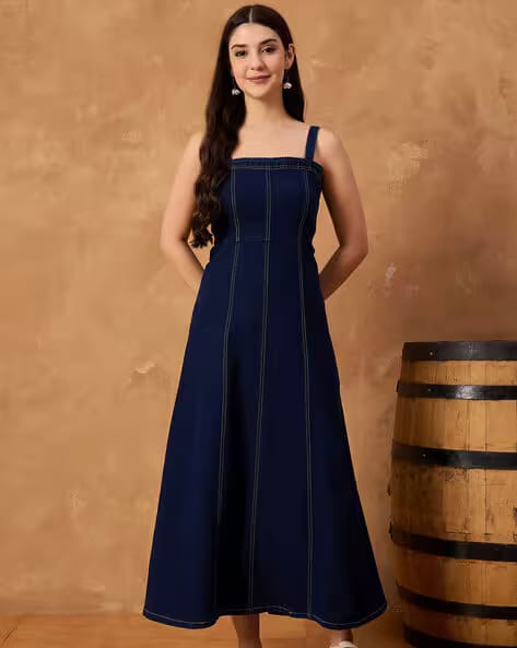 LEIA Women Striped Denim A-Line Dress AJIO sale