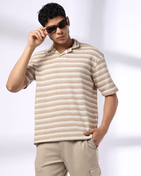 Teamspirit Men Open-Knit Striped Loose Fit Polo T-Shirt AJIO sale