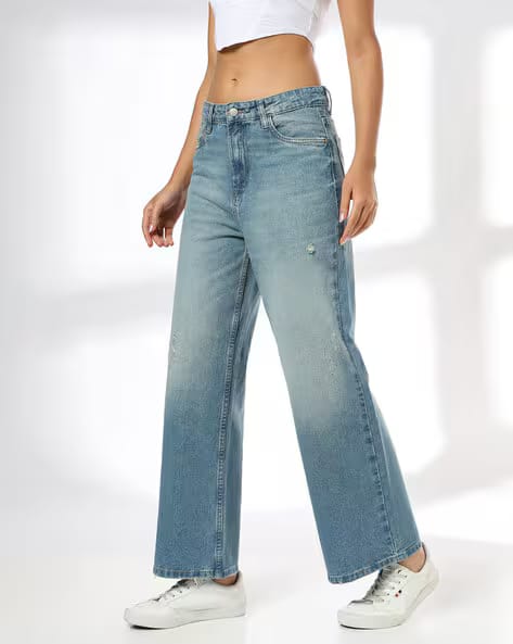 DNMX Women Lightly Washed Distressed Wide-Fit Jeans AJIO sale