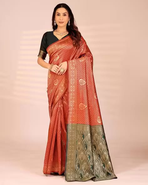 Nyrika Women Banarasi Silk Saree with Contrast Border AJIO sale