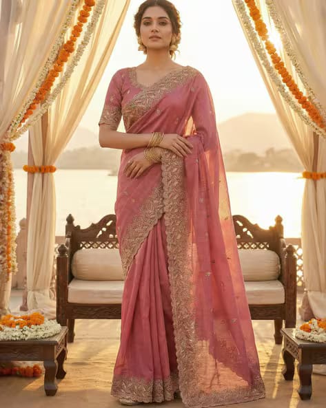 Ri-wah Women Embroidered with scalloped border Saree AJIO sale