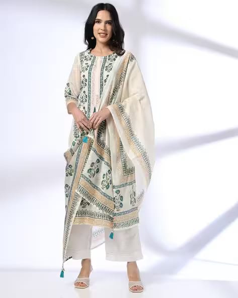 AVAASA SET Women Printed Straight Kurta with Pants & Dupatta AJIO sale