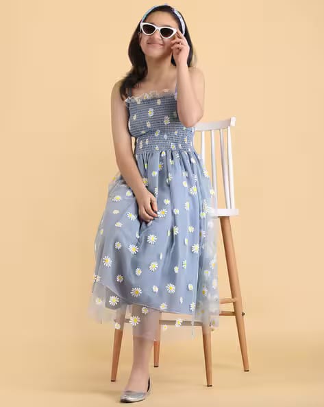 XQsee Girls Floral Print Strappy Fit & Flare Dress AJIO sale