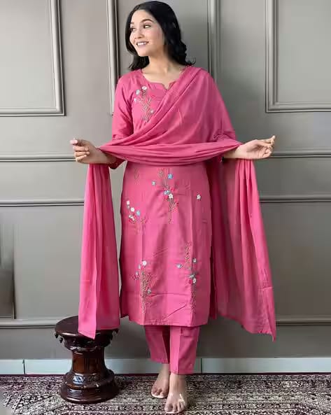 Nyrika Women Embroidered Straight Kurta with Pants & Dupatta AJIO sale