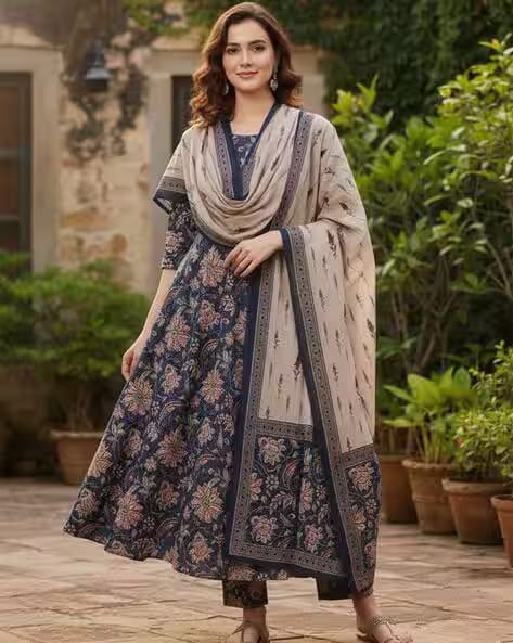 PITRIS Women Floral Print Anarkali Kurta with Pants & Dupatta AJIO sale