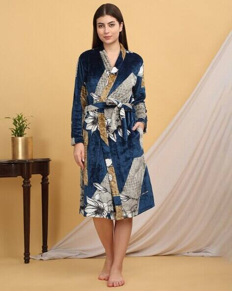 Arrabi Women Blue Warm Fleece Floral Bath Robe With Pockets AJIO sale