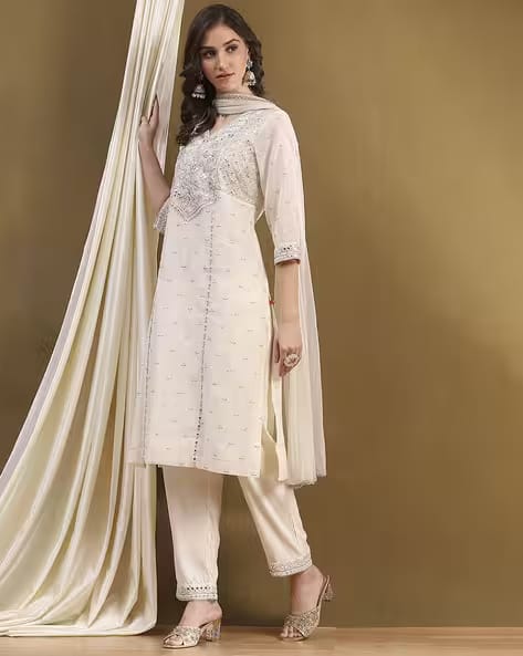 Biba Embroidered Straight Kurta Suit Set AJIO sale