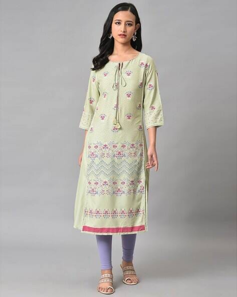 W Floral Printed Tie-Up Neck Kurta AJIO sale