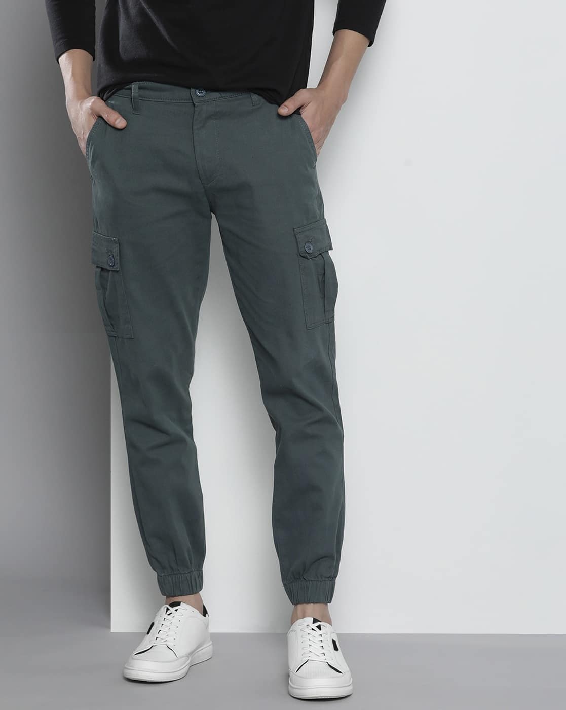 The Indian Garage Co Men Slim Fit Flat-Front Cargo Trousers, Grey AJIO sale