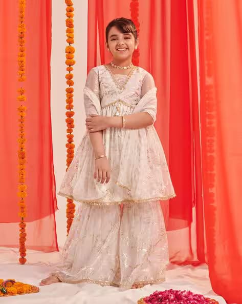 Pspeaches Girls Floral Print A-Line Kurta with Sharara & Dupatta AJIO sale