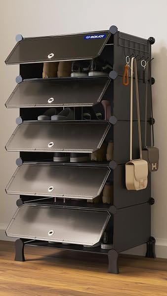 BOXJOY 5 Shelf Shoe Rack with 5 Doors, 5 Hook Steel Holder & Wooden Hammer | Shoes Stand C Amazon sale