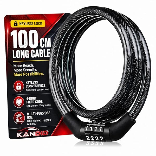 Kandid Multi-Purpose 𝗞𝗘𝗬𝗟𝗘𝗦𝗦 Helmet Lock for Mens Bike Cycle | Extra Long 8mm Thick | 4 Di Amazon sale