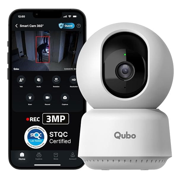 Qubo Smart Cam 360° 3MP [2026 Edition] by Hero Group STQC Certified AI Person Detectio Amazon sale