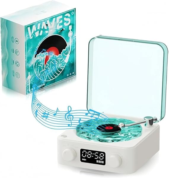 Retro-Style Wireless Waves Vinyl Bluetooth Speaker, Aqua Vinyl Speaker, The Waves Vinyl Pl Amazon sale
