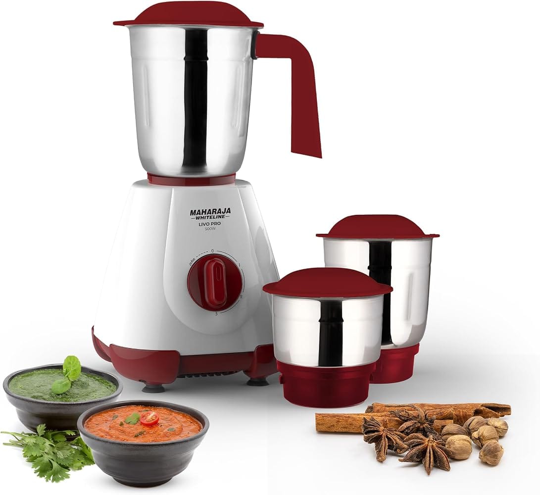 Maharaja Whiteline 500W Livo Pro Mixer Grinder with 3 Stainless Steel Jars with lid and 20 Amazon sale