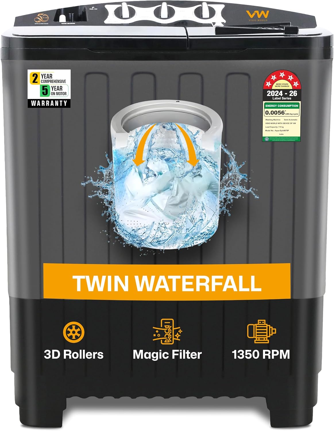 VW 7.5 kg 5 Star Aqua Spin Semi Automatic Top Load Washing Machine AquaSpin0075P (Black) Amazon sale