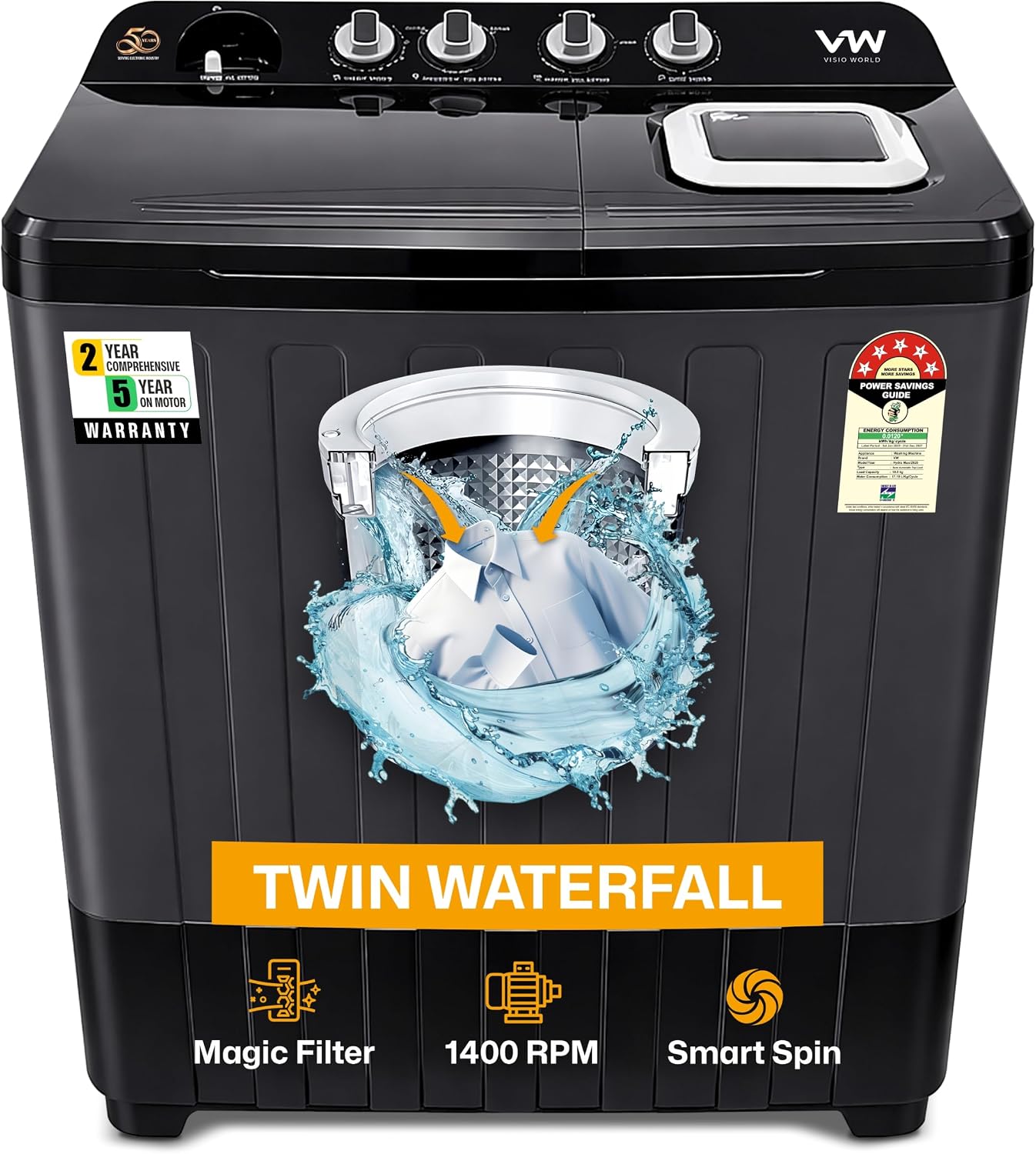 VW 10.5 kg 5 Star Semi Automatic Top Load Washing Machine, Wings Pulsator Technology, Hydr Amazon sale