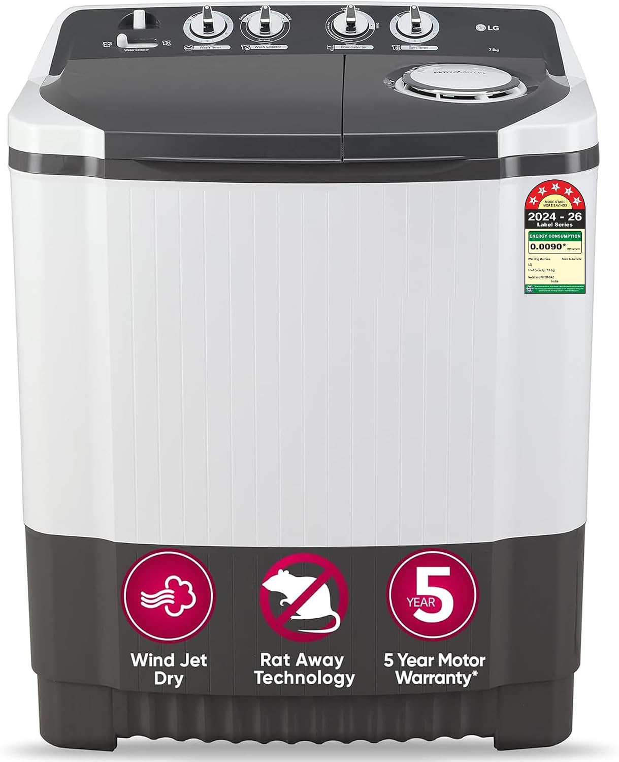 LG 7 Kg 5 Star Wind Jet Dry Semi-Automatic Top Loading Washing Machine (P7020NGAZ, Dark Gr Amazon sale