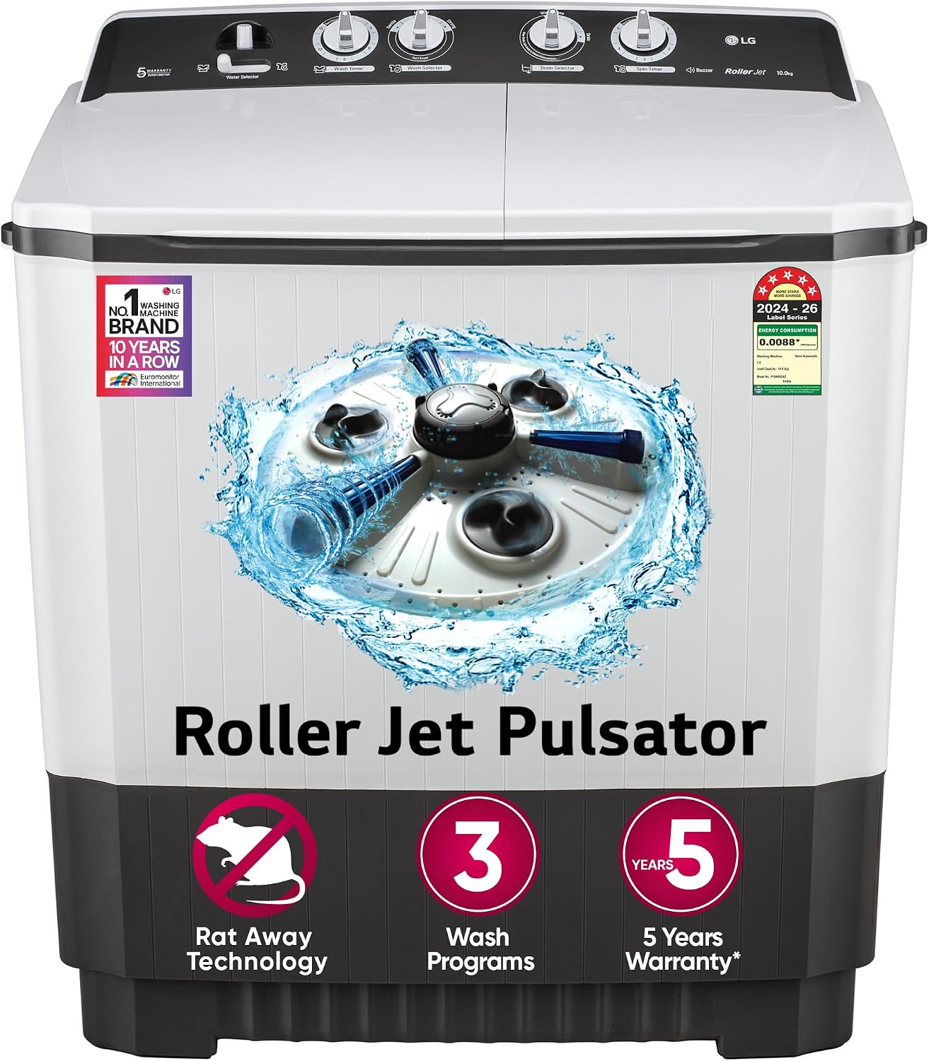 LG 10 Kg, 5 Star, Roller Jet Pulsator, Semi-Automatic Top Loading Washing Machine (P1040RG Amazon sale