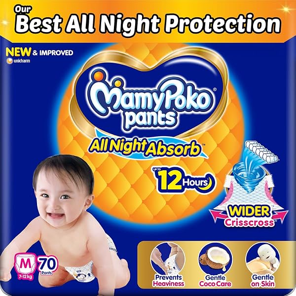 Mamypoko Pants All Night Absorb|Pant Style Baby Diapers Medium Size(M),70 Count,Ideal for Amazon sale