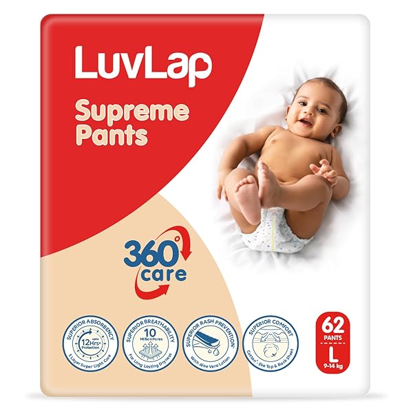 LuvLap Supreme Diaper Pants Large (LG) 9 to 14Kg, 62Pcs, 360° skin care with 10 million br Amazon sale