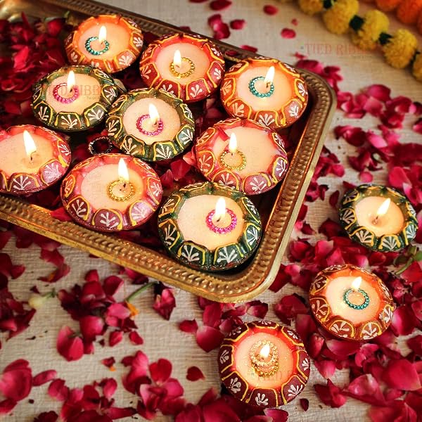 TIED RIBBONS Pack of 12 Diya Set - Clay Teracotta Diya Set Waxed Filled Mitti Diya Earthen Amazon sale