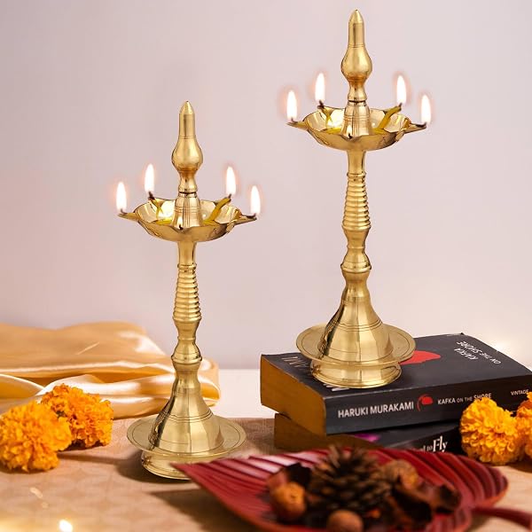 TIED RIBBONS Set of 2 Brass Nilavilakku Kerala Diya Oil Lamp Stand for Home Decor Puja Roo Amazon sale