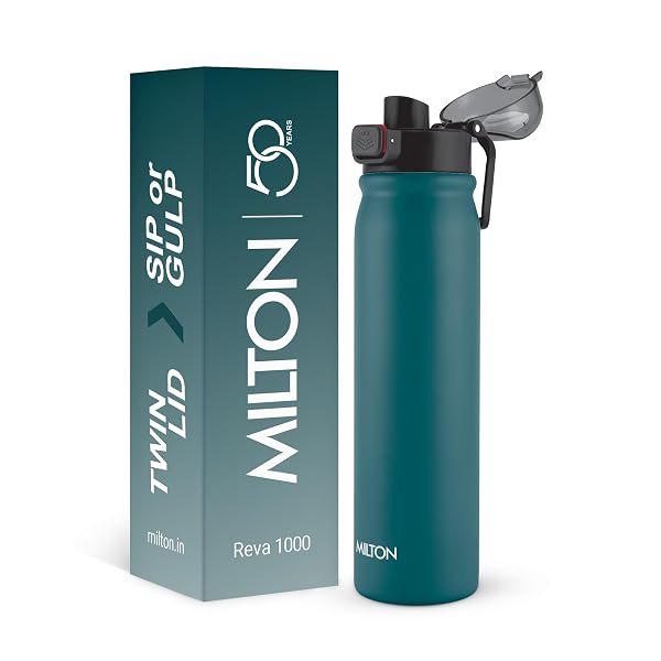 MILTON Reva 1000 ISI Certified Stainless Steel Water Bottle with Twin Lid Sip or Gulp, 1 L Amazon sale