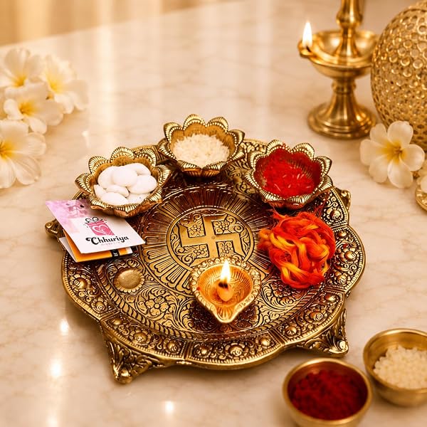Chhariya Crafts Metal Pooja Thali With Diya for Home and Office Temple Puja Item (1 Pieces Amazon sale