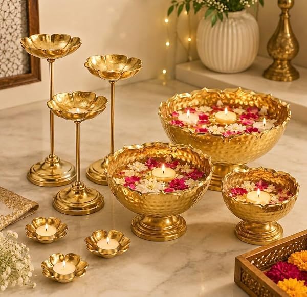 Taj Bowl Hammered Urli Candle Stand with Floating Diya, 9 Pieces Combo, Iron, Silver & Gol Amazon sale
