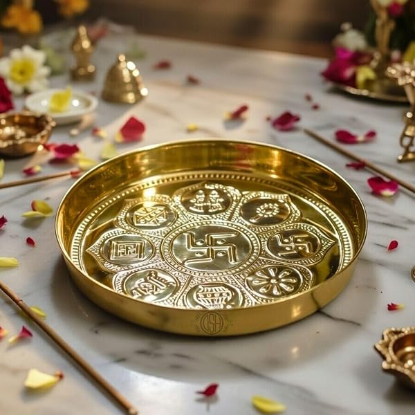 DSH Pure Brass Puja Thali Plate With Embossed Design 8 Inch Best For Home Office Mandirtem Amazon sale