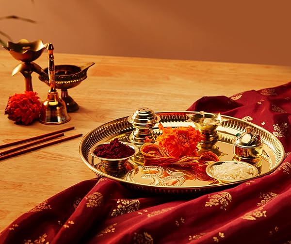 Amazon Brand - Solimo Brass Puja Thali with Accessories - Jyot, Bowls and Sindoor Box | Go Amazon sale