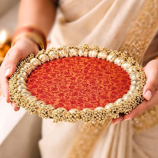 SATYAM KRAFT 1 Pc Handmade Jhumki Platter (10 Inch) with Gota Patti & Golden Moti | Ganpat Amazon sale
