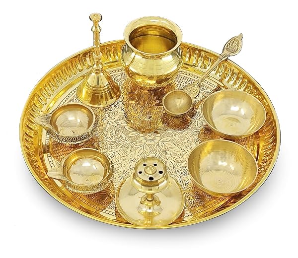 BENGALEN Brass Pooja Thali Set 8 Inch Puja Thali with Pital Plate Kalash Palli Chandan Vat Amazon sale