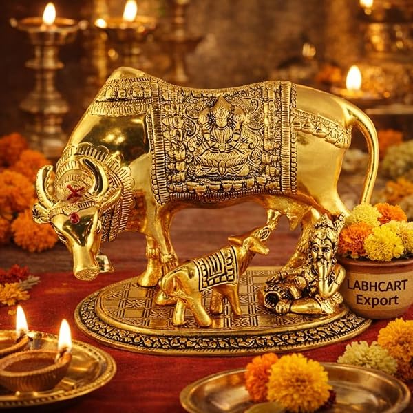 Sheela Handcrafted Brass Golden Kamdhenu Cow with Calf, Vastu Gau MATA Idol, Spiritual Vas Amazon sale