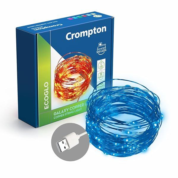 Crompton Galaxy Decoration Copper USB Powered String Fairy Lights with 100 Led Light (10 M Amazon sale