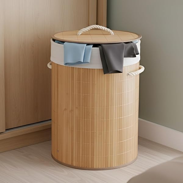 IBELL Foldable 72 litre Round Bamboo Laundry Basket with Lid | Sustainable & Eco-Friendly Amazon sale