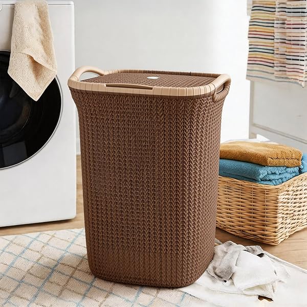 PrettyKrafts Rattan Style 60L Plastic Knit Laundry Basket – Dark Beige, Durable Toy Storag Amazon sale