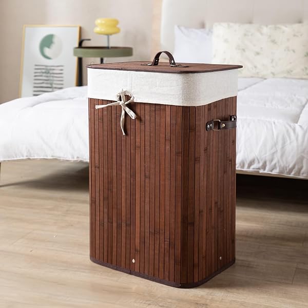 HomeStorie Bamboo Laundry Basket with Lid, Hamper 81 Litre, Coffee Brown Bamboo laundry ha Amazon sale