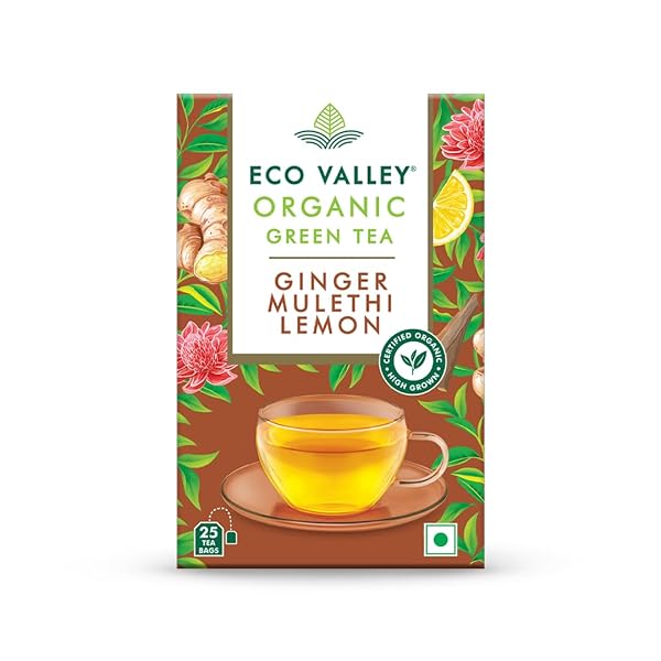 Eco Valley Organic Green Tea - Ginger Mulethi Lemon - 25 Tea Bags | Boost Energy, Helps Bu Amazon India sale