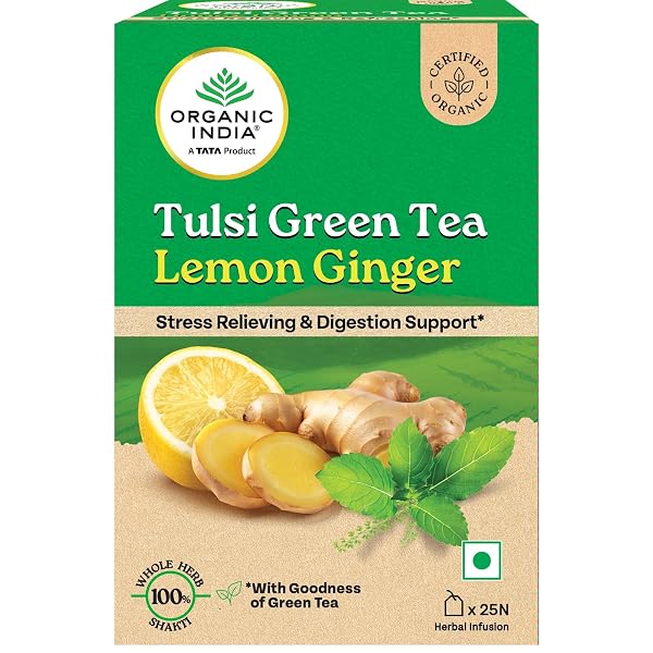 A TATA Product - Organic India Tulsi Green Tea Lemon Ginger - 25 Teabags, Herbal Blend wit Amazon India sale