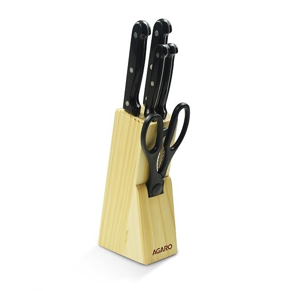 AGARO Galaxy 6 Pcs Kitchen Knife Set, 4 Knives, 1 Scissor, 1 Wooden Case, High Carbon Stai Amazon sale