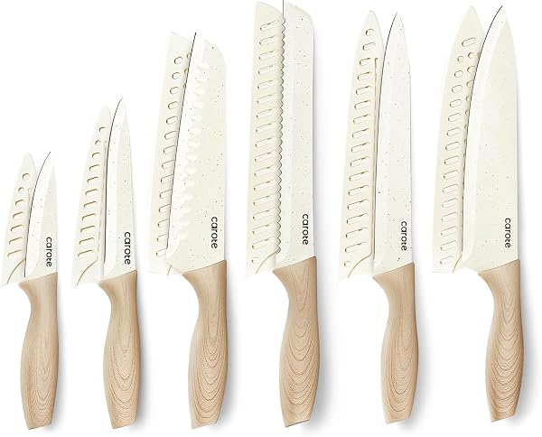 CAROTE Knife Set 12 Piece Ceramic Coated Stainless Steel with Guards White Granite nonstic Amazon sale